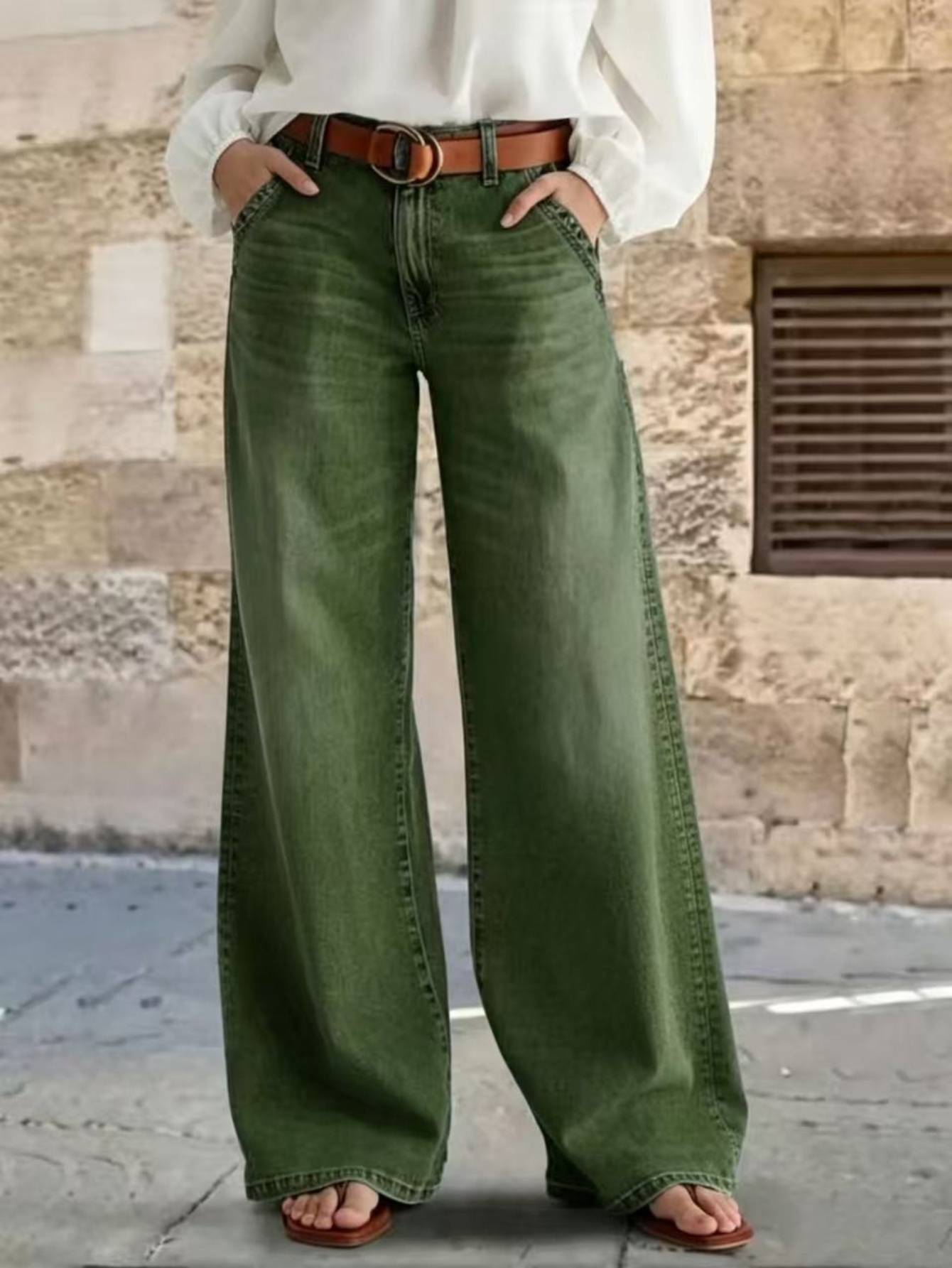 Jeans femme vintage vert olive jambe large
