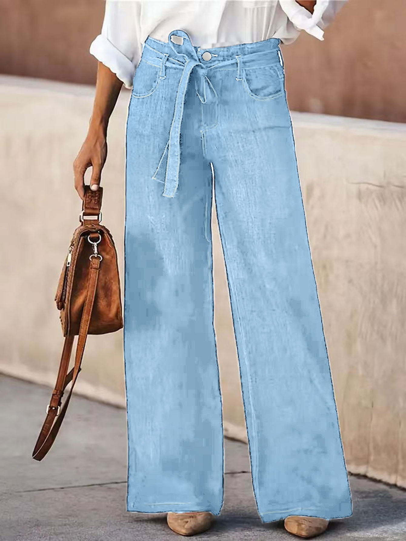 Pantalon denim jambe large taille haute ceinture femme décontracté