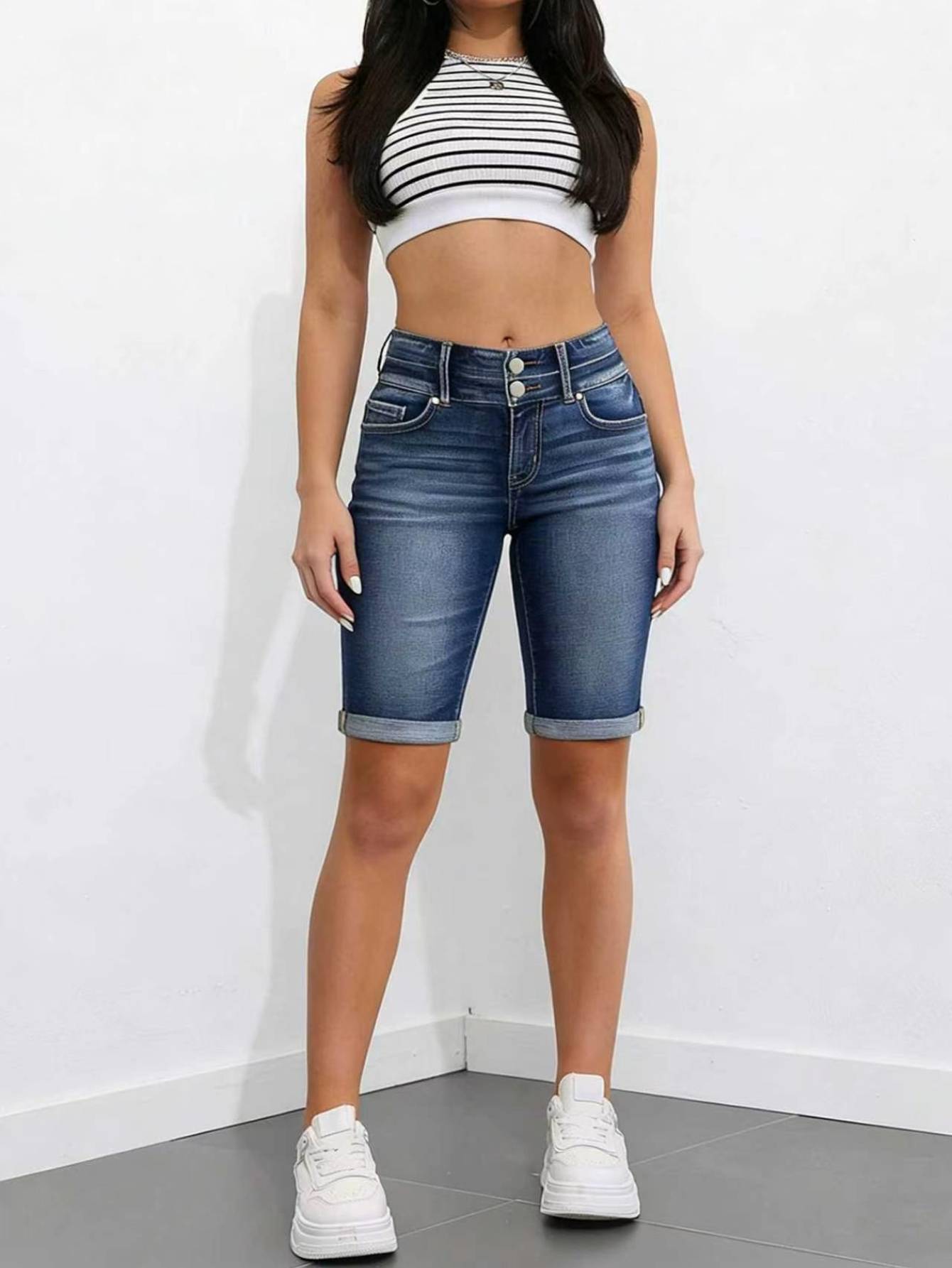 Short bermuda jean taille haute boutons femme