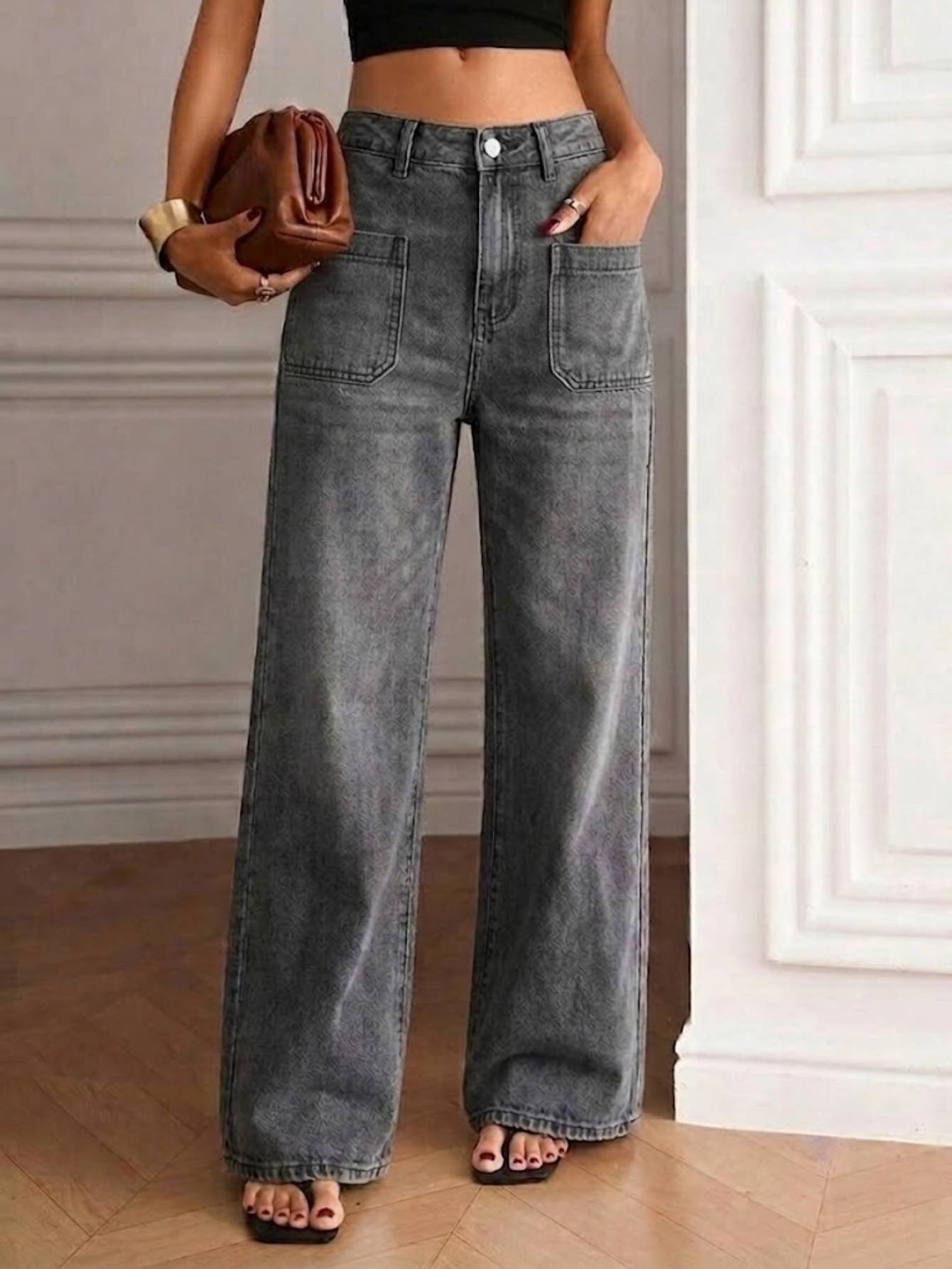 Jean gris taille haute jambe large délavé poches avant casual