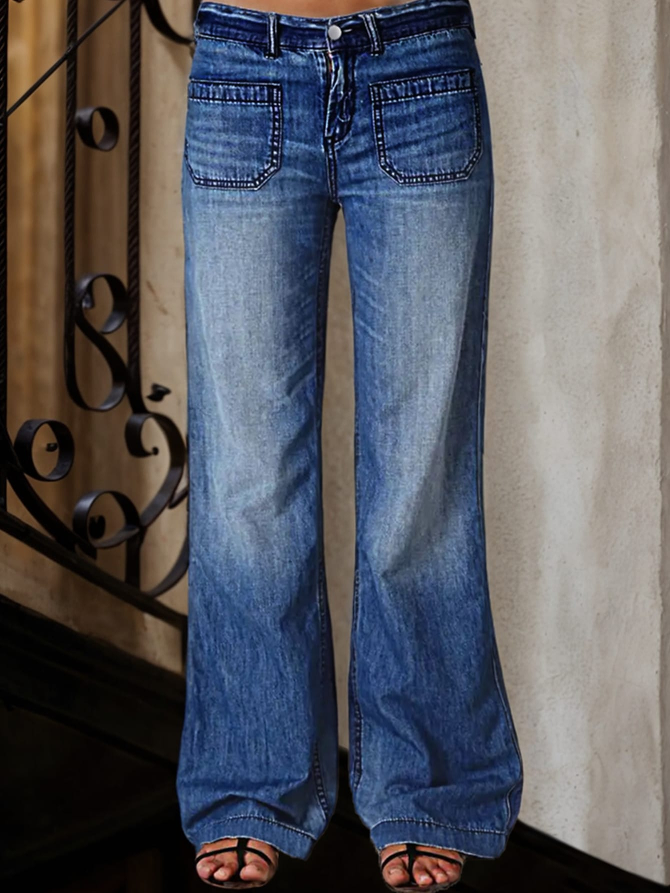 Jean taille moyenne jambe large lavé décontracté femme
