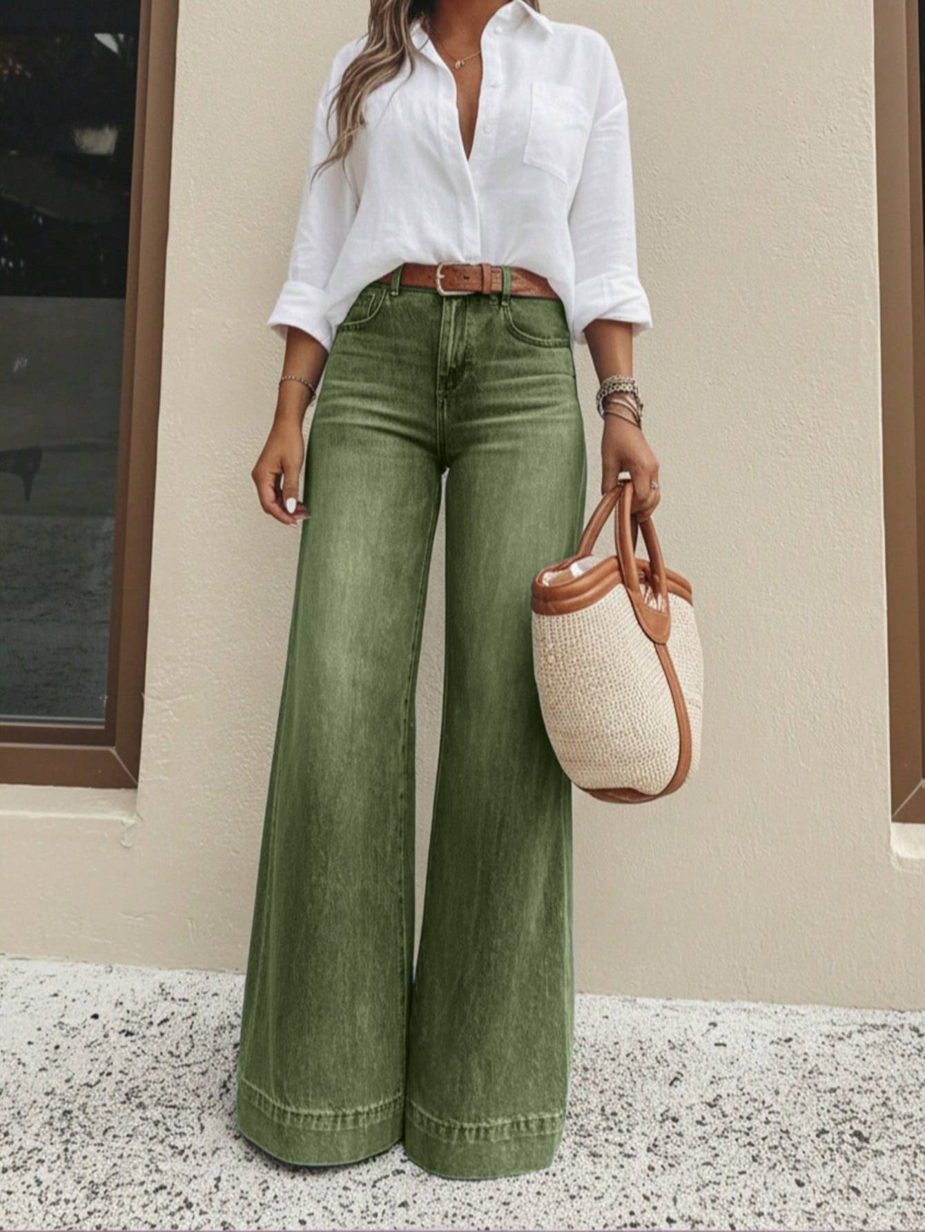 Jean taille haute jambes larges vintage lavé vert