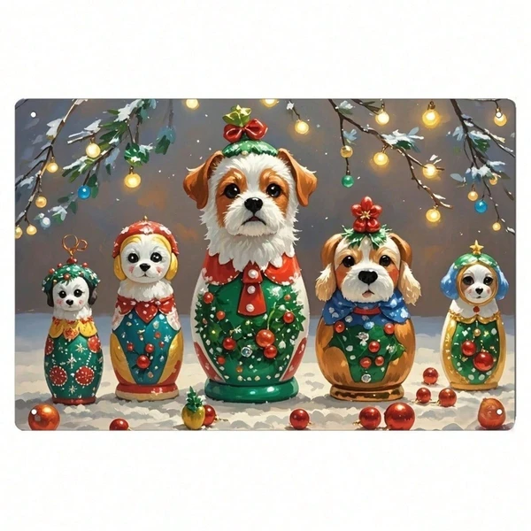 CIFbuy Poupées russes Noël Chiot, plaque métal 8x12", décor vintage café