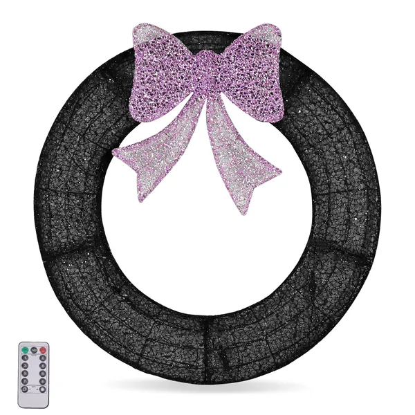 Couronne Noël 36po illuminée, arc mauve, télécommande LED + minuteur