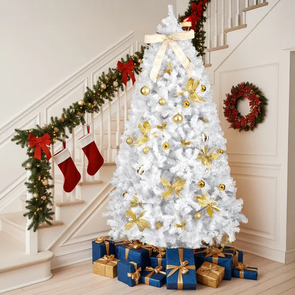 Sapin Noël artificiel 7,5pi, 400 LED blanc chaud, ornements, socle