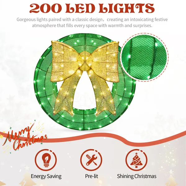 Couronne Noël 24 po pré-illuminée, LED blanc chaud, nœud doré