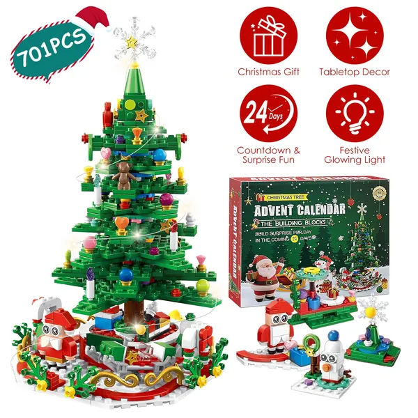 Sapin Noël construction 701 pcs, calendrier 24 jours