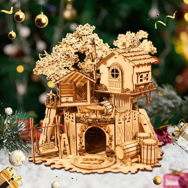 Puzzle 3D bois maison dans arbre, modèle artisanal, décor, cadeau