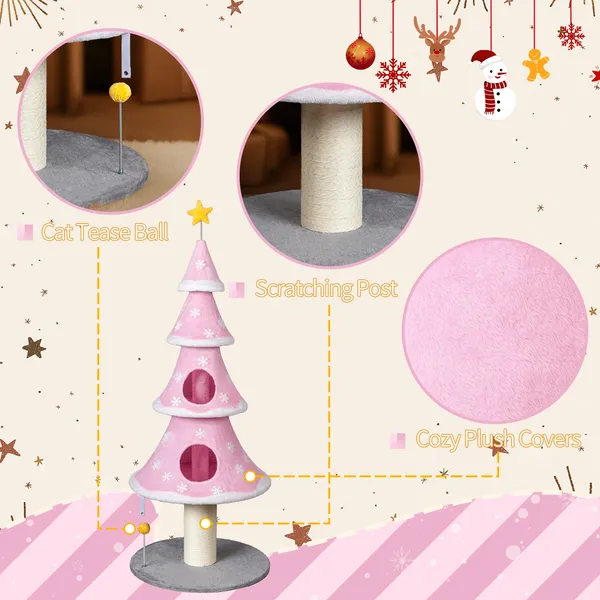 Arbre Noël chat 59" 2 condos griffoir, rose, jouet, base stable