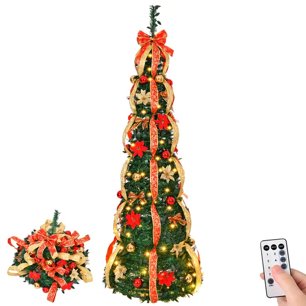 Sapin Noël 6pi, 150 lumières, ornements rouges/or