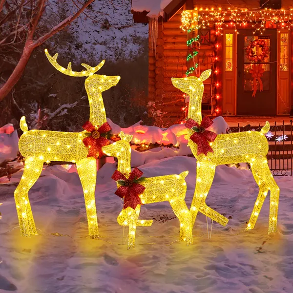 Ensemble 3 rennes Noël extérieur, 2D, 200 DEL blanc chaud, doré