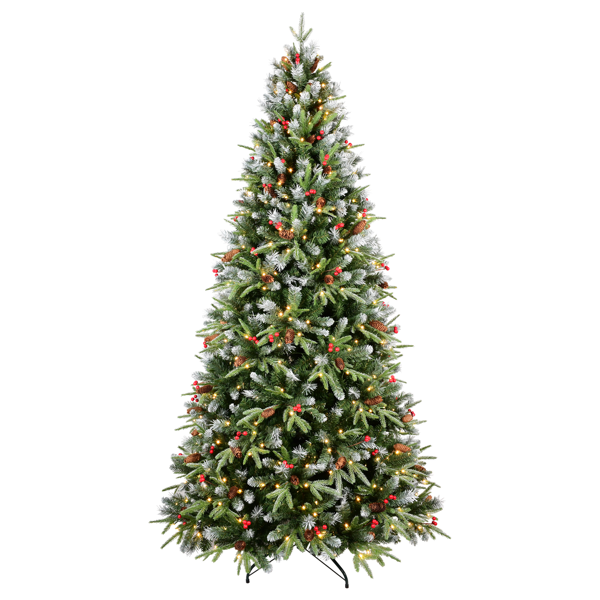 Sapin Noël artificiel 5pi vert, 1113PE/PVC, LED, fruits rouges, base pliable