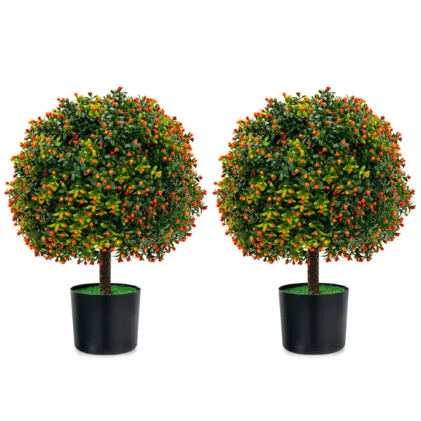 2 boules de buis artificiel 22" + fruits orange, ciment, vert+orange