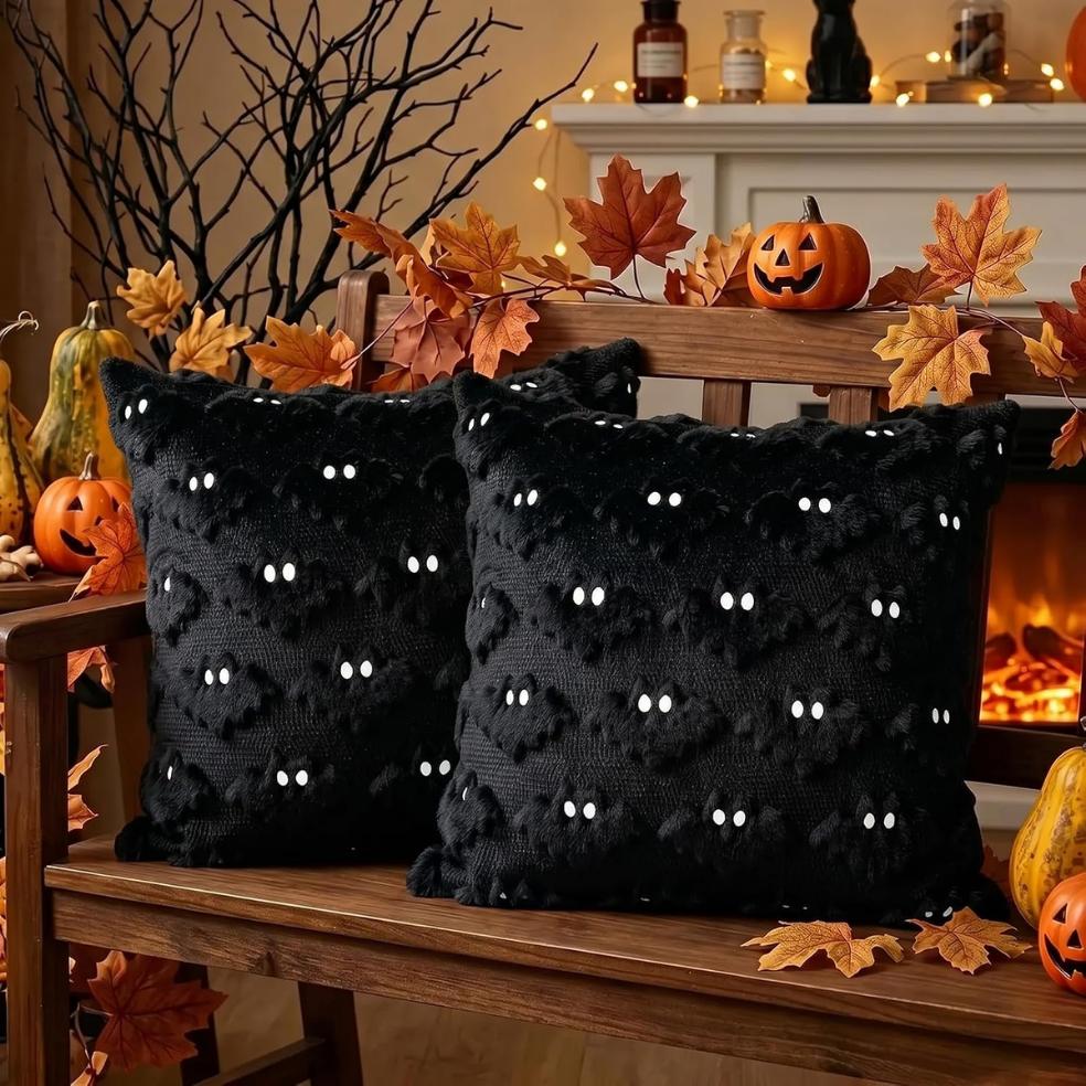 2 housses coussin Halloween chauve-souris peluche noire décor