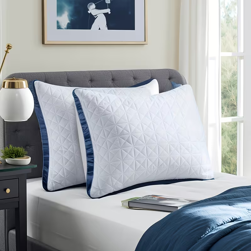 2 oreillers luxe duvet synthétique respirants, motif bleu marine/blanc