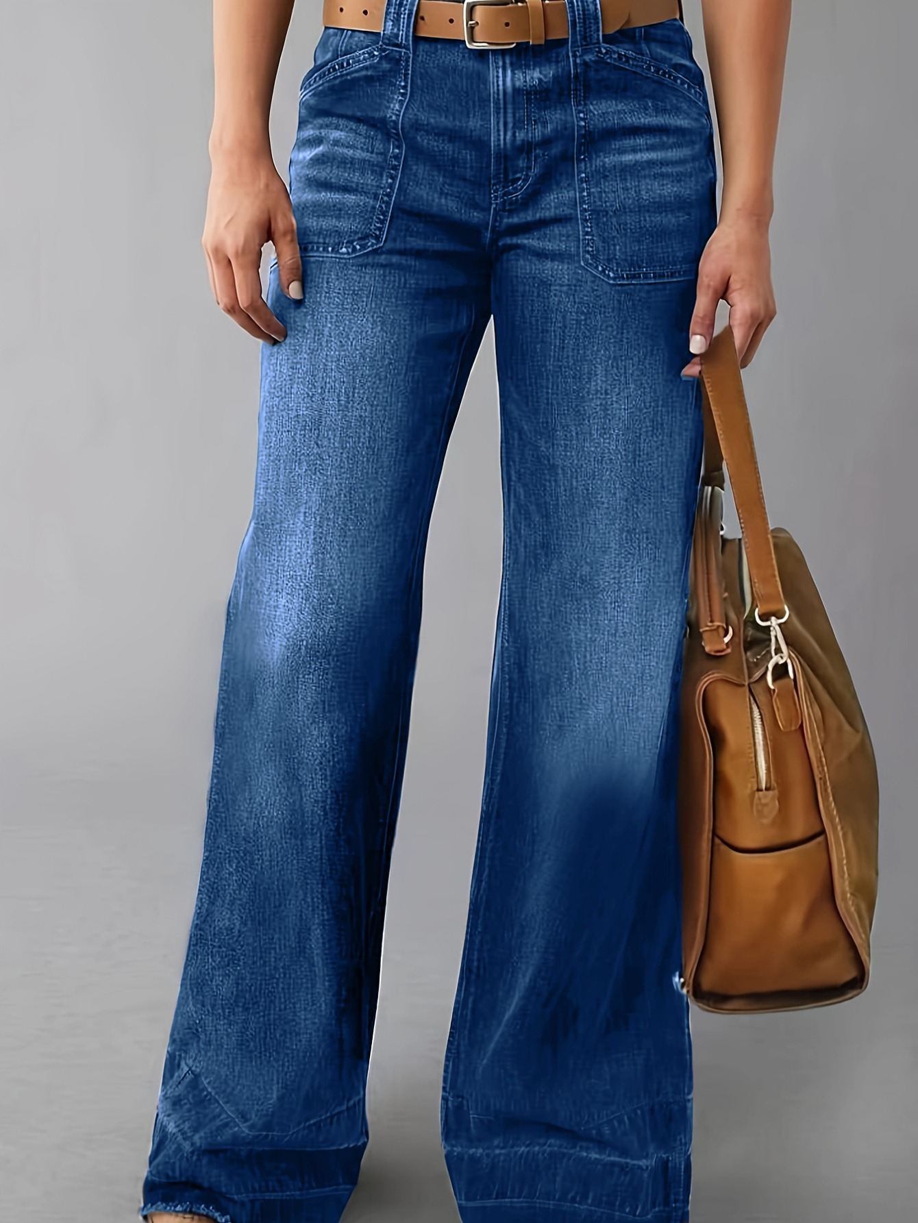 Pantalon Denim Femme Taille Haute Large Poche Cargo