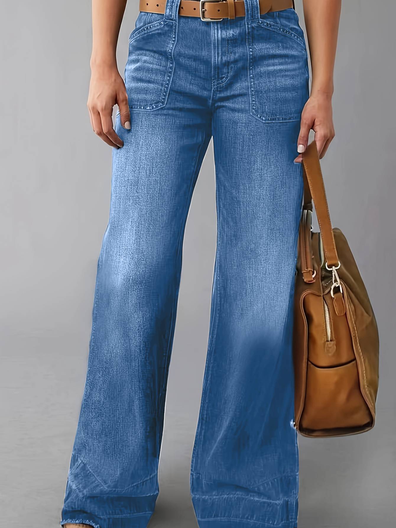 Jean cargo bleu délavé taille haute femme rétro casual
