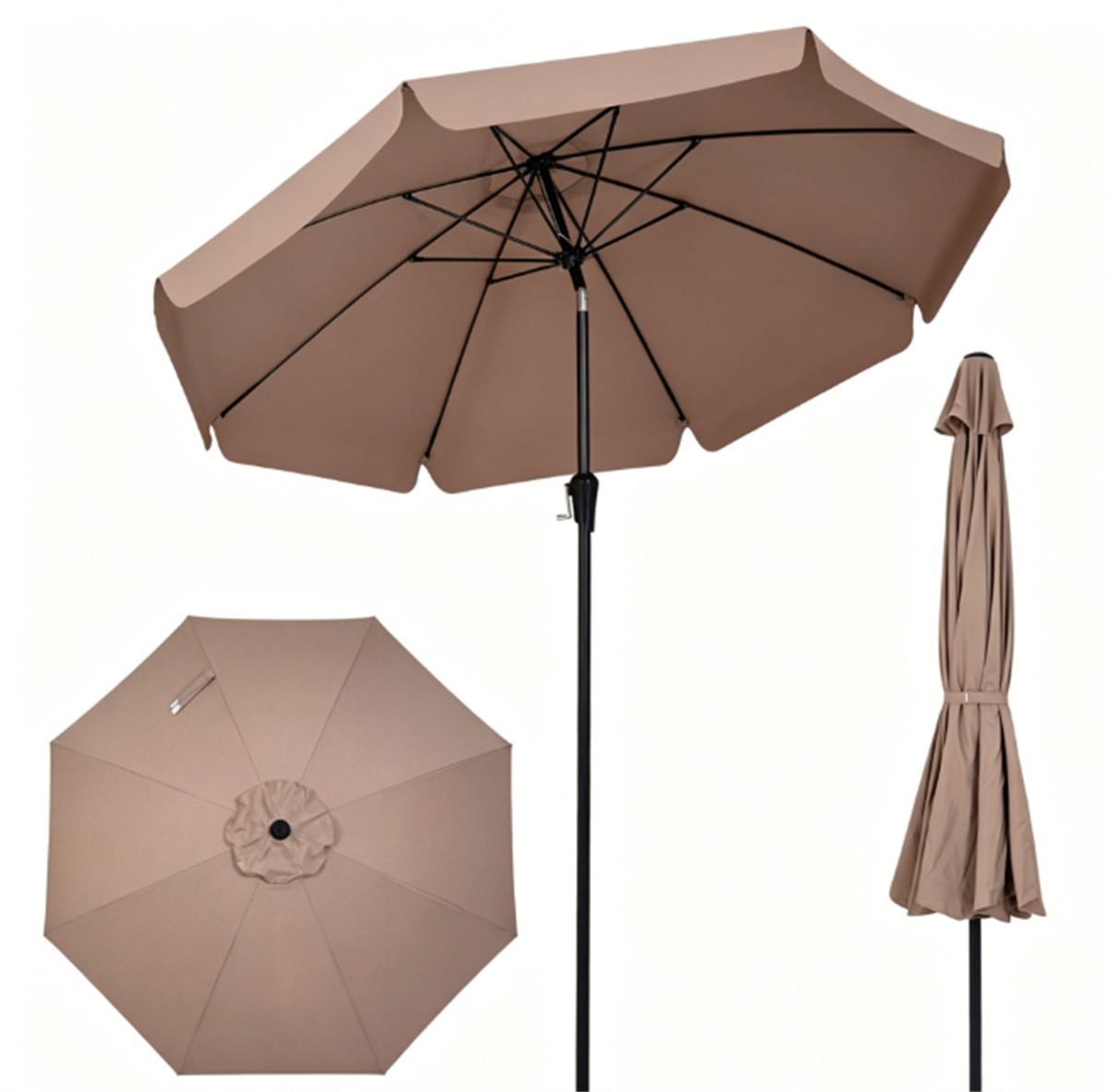Parasol patio 10pi brun festonné, parapluie marché aéré