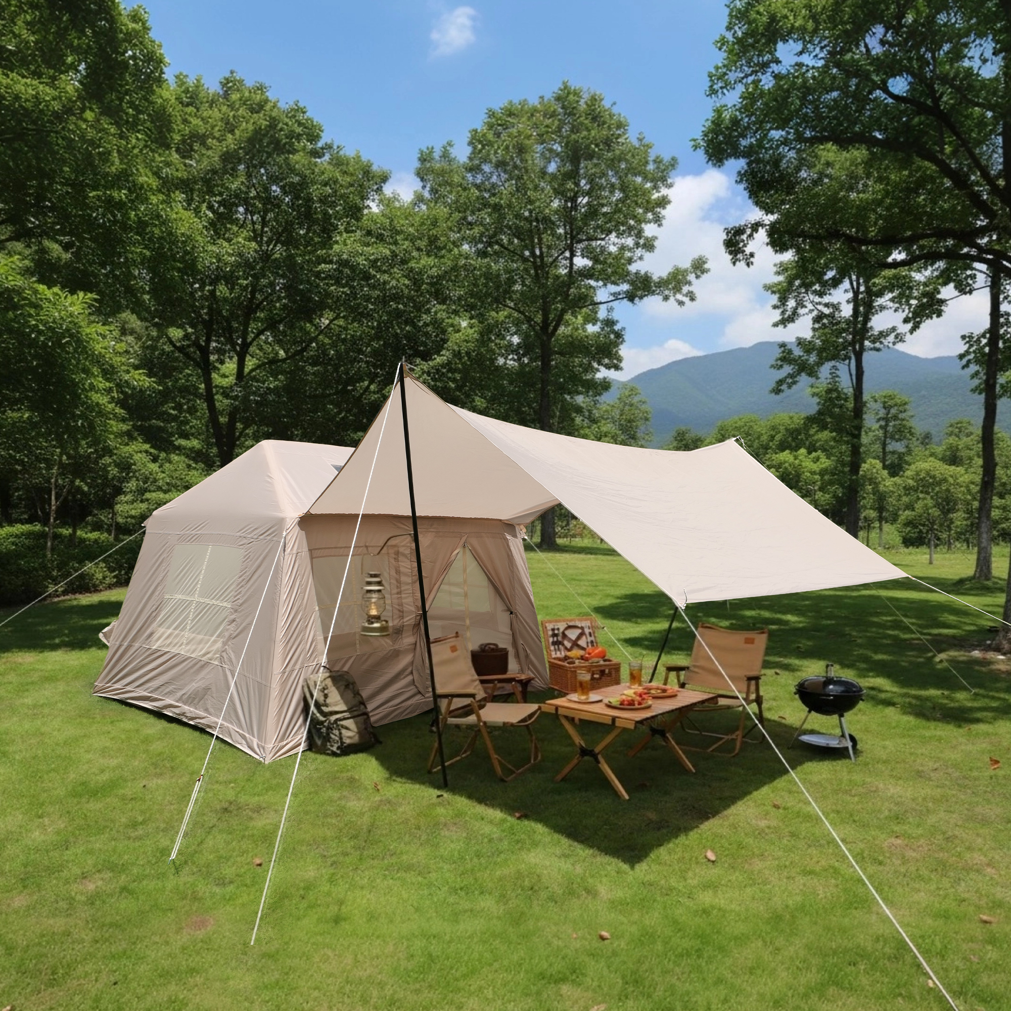 Tente camping gonflable 5,72 m², 4 saisons, coton, fenêtres