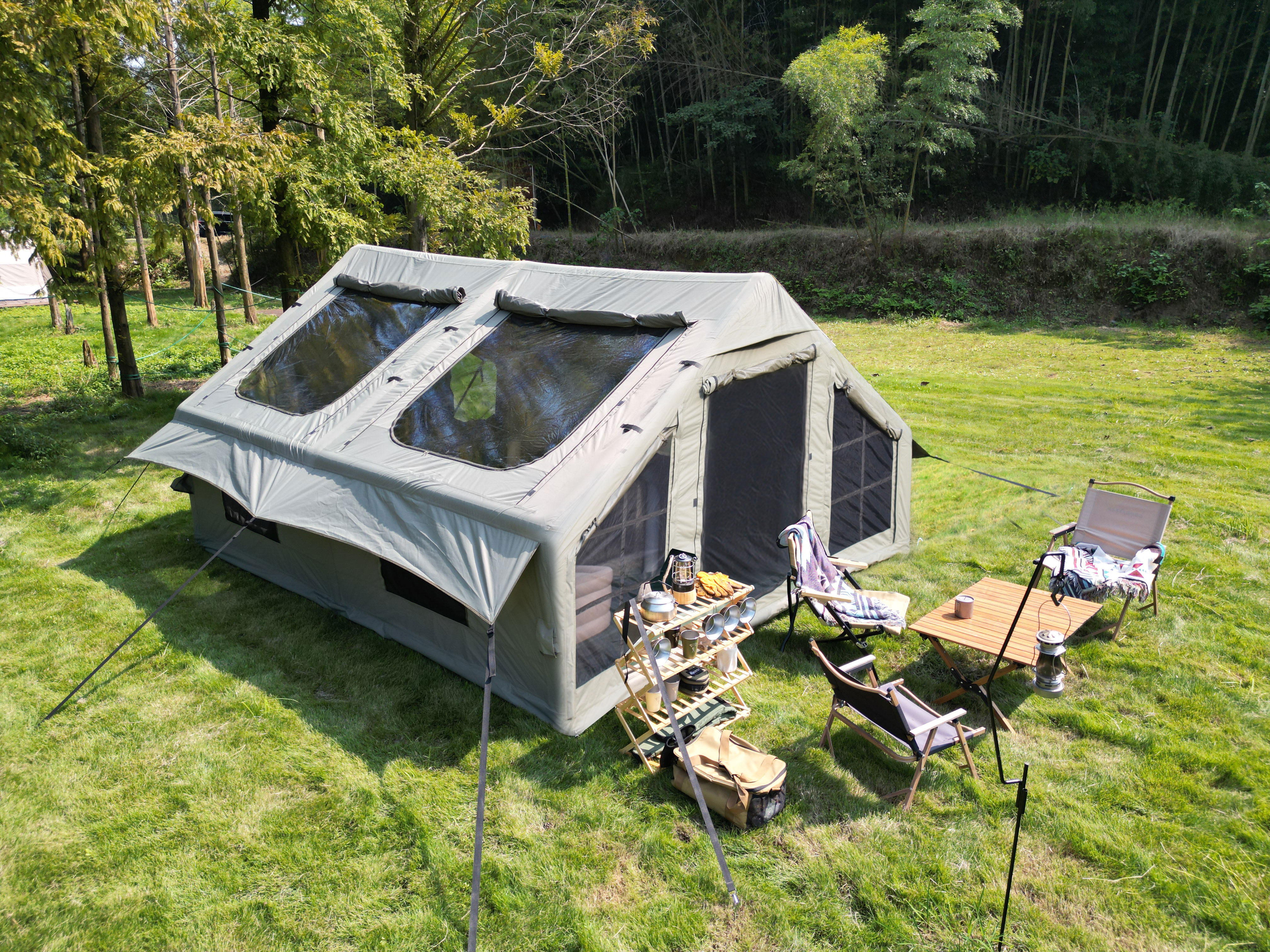 Tente camping gonflable 9.8x13pi pompe main vert armée 4 saisons