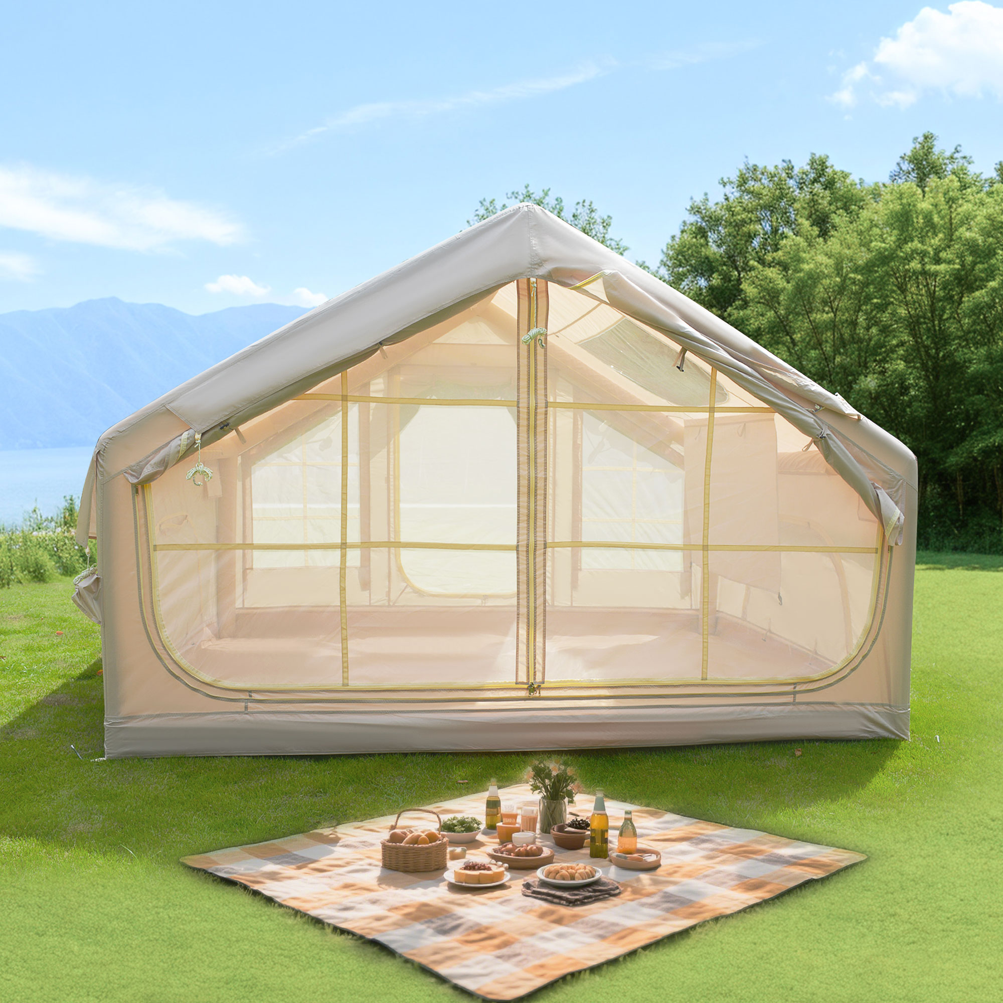 Tente camping gonflable 6,3 m² imperméable 4 saisons, oxford 420D