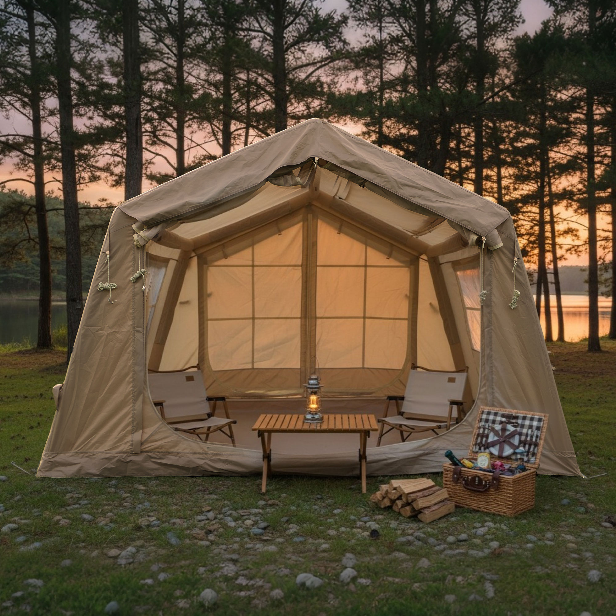 Tente gonflable camping 8 m², 4-8 personnes, imperméable oxford 4-saison