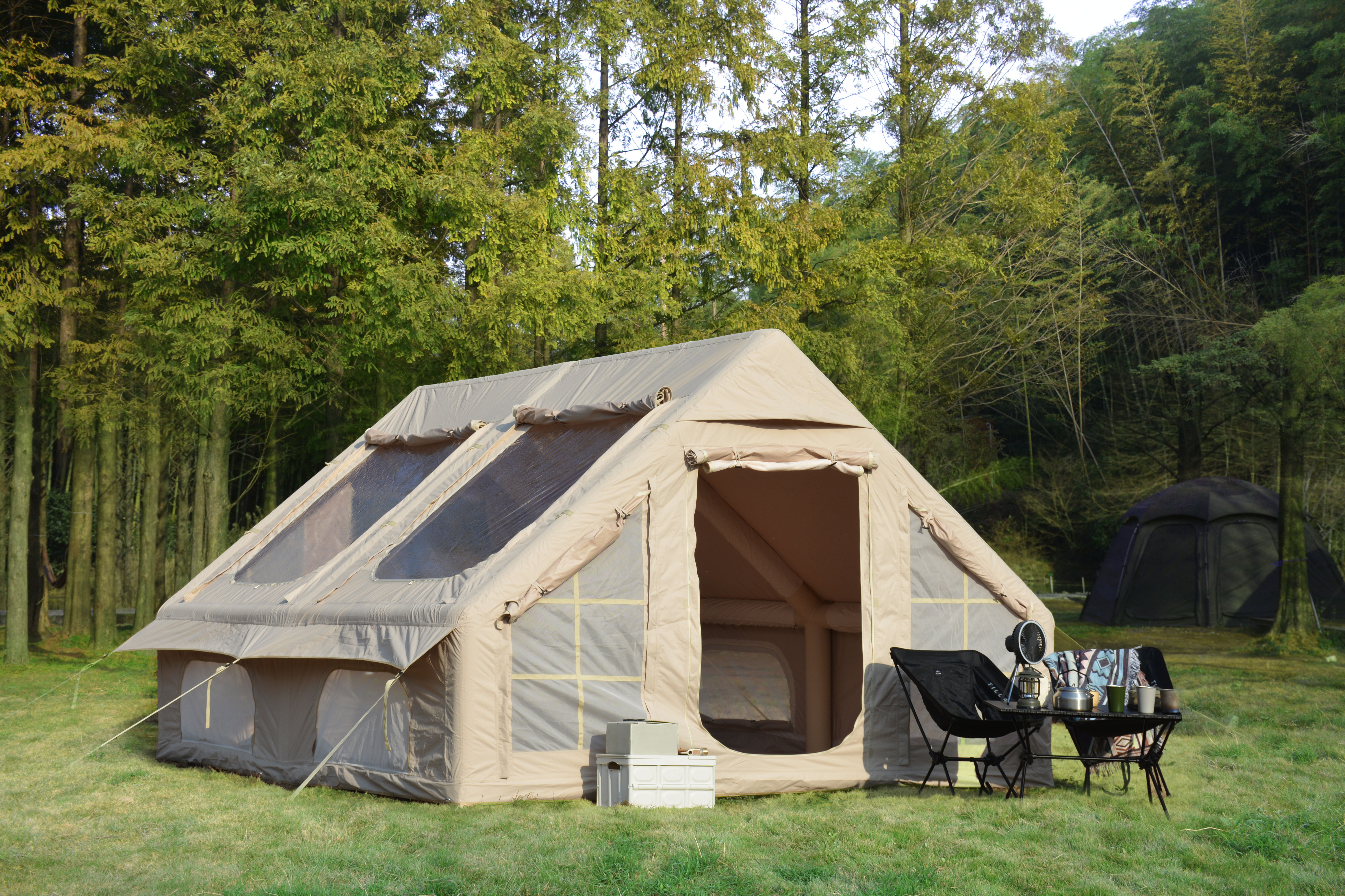 Tente camping gonflable 9.8x13pi pompe main beige 4 saisons