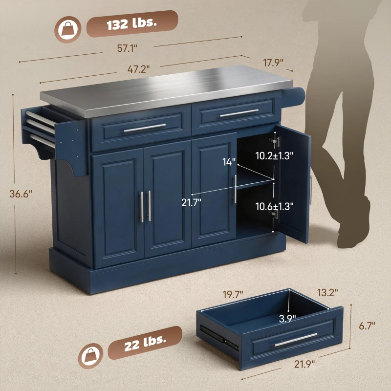 Îlot cuisine roulant acier inox, 2 tiroirs, bleu marine