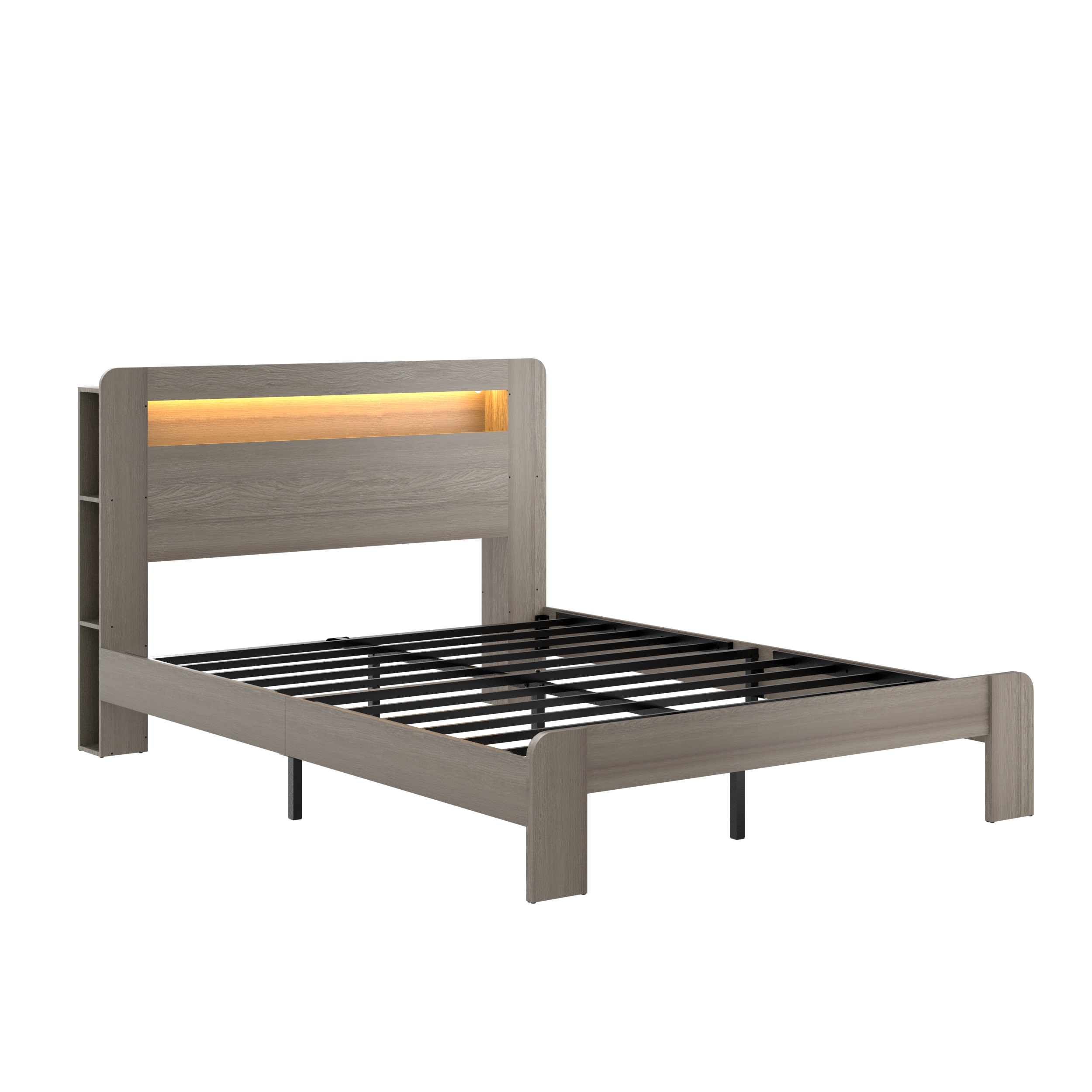 Lit queen avec tête de lit LED, 2 USB, rangement sous le lit