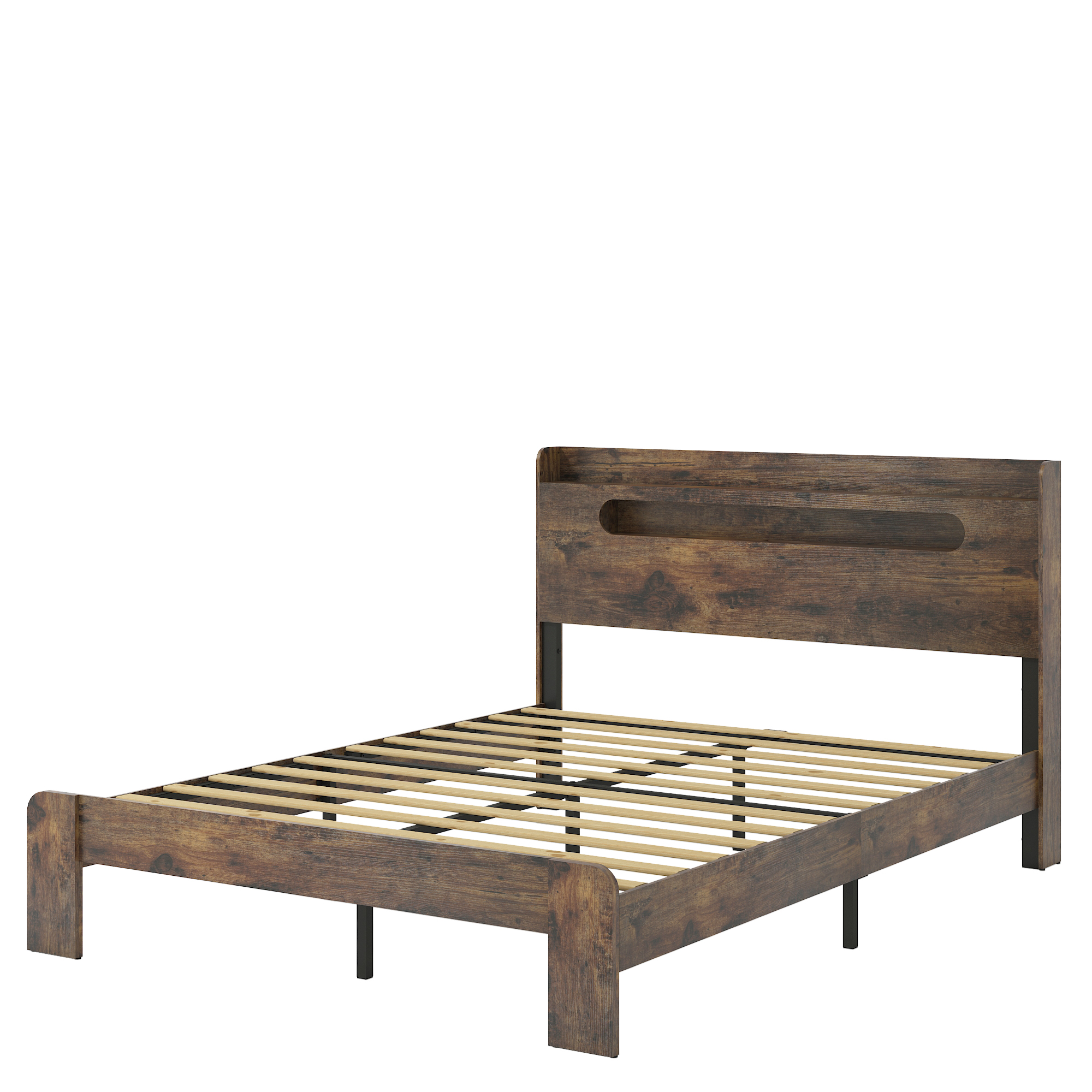 Lit queen bois tête LED rangement USB, brun foncé