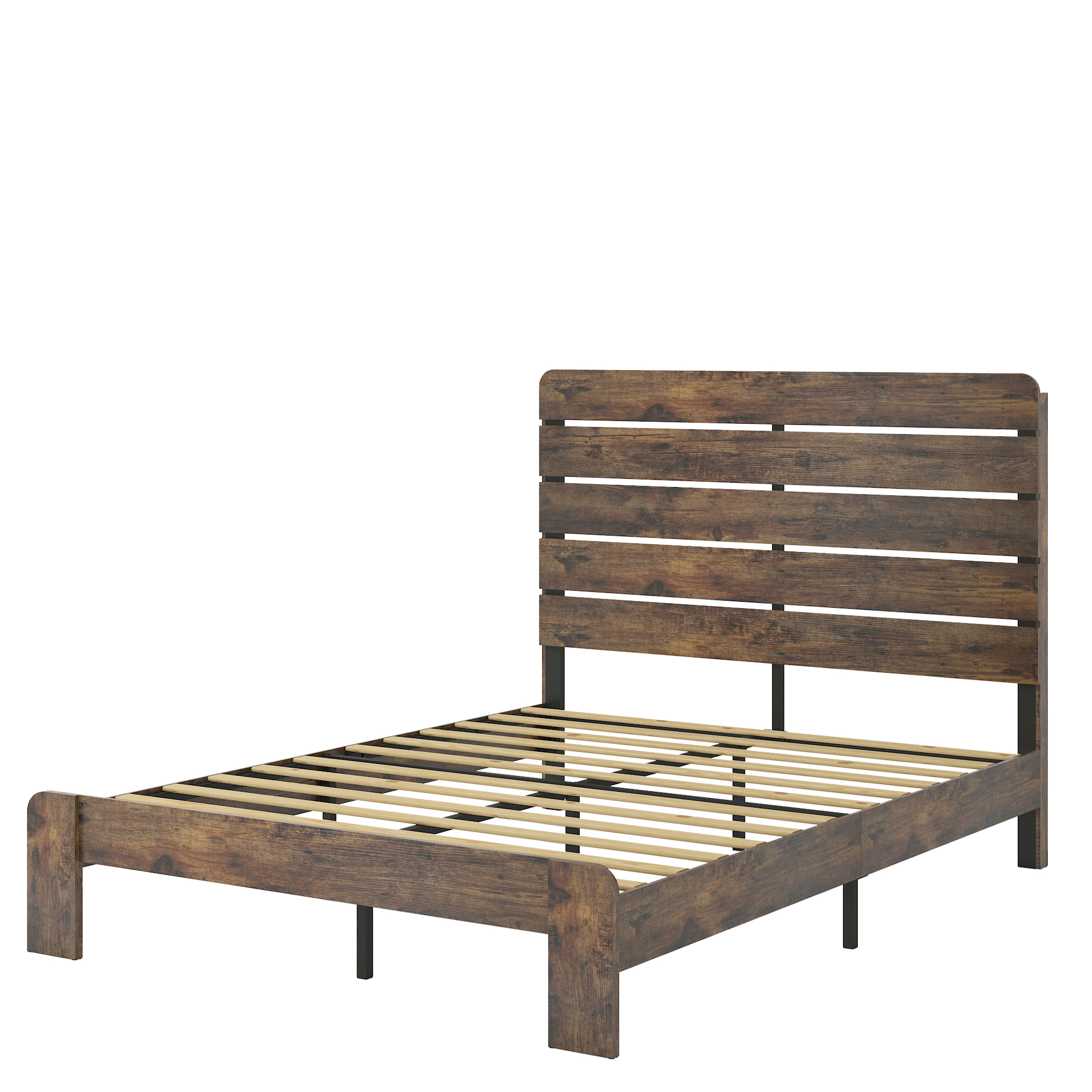 Lit queen plateforme bois, rangement sous lit, brun foncé