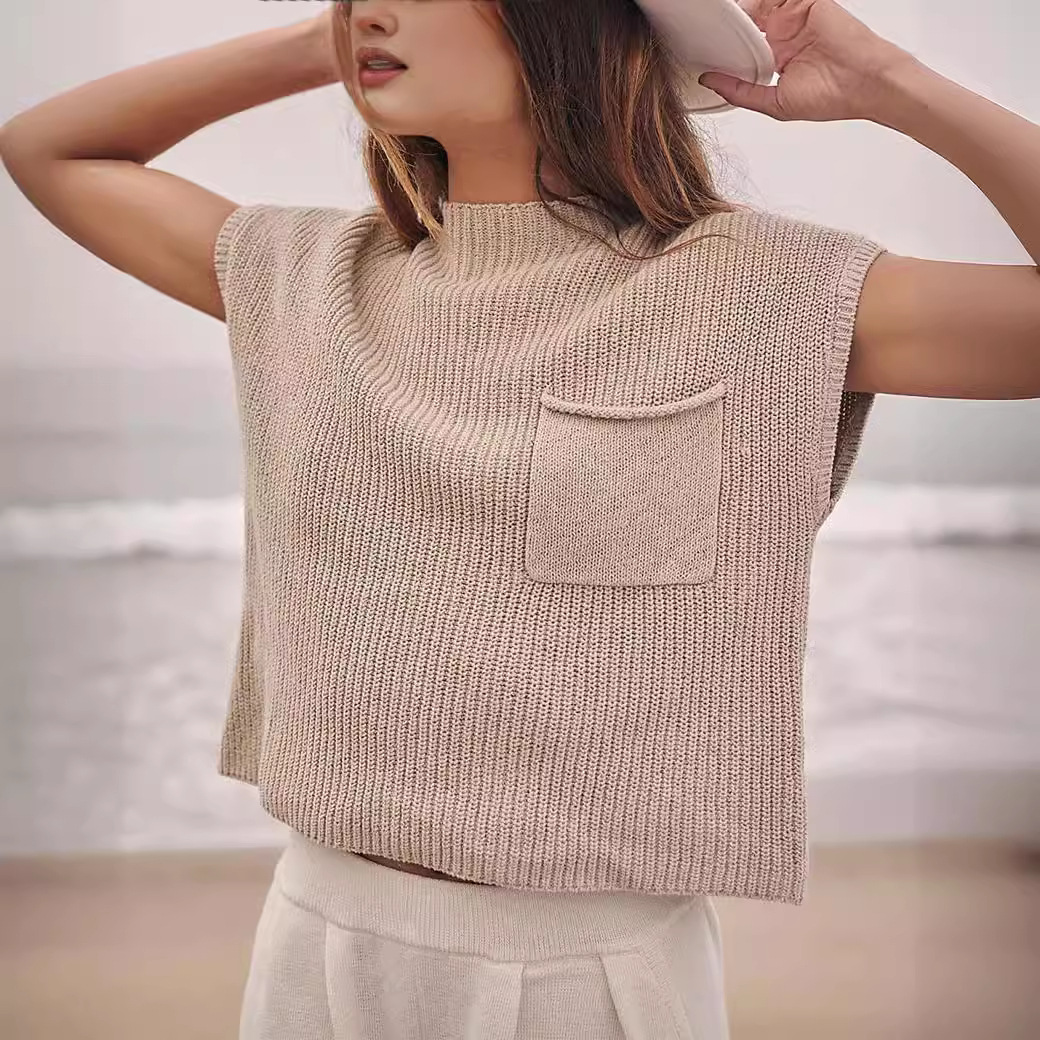 Gilet tricot sans manches poche femme casual