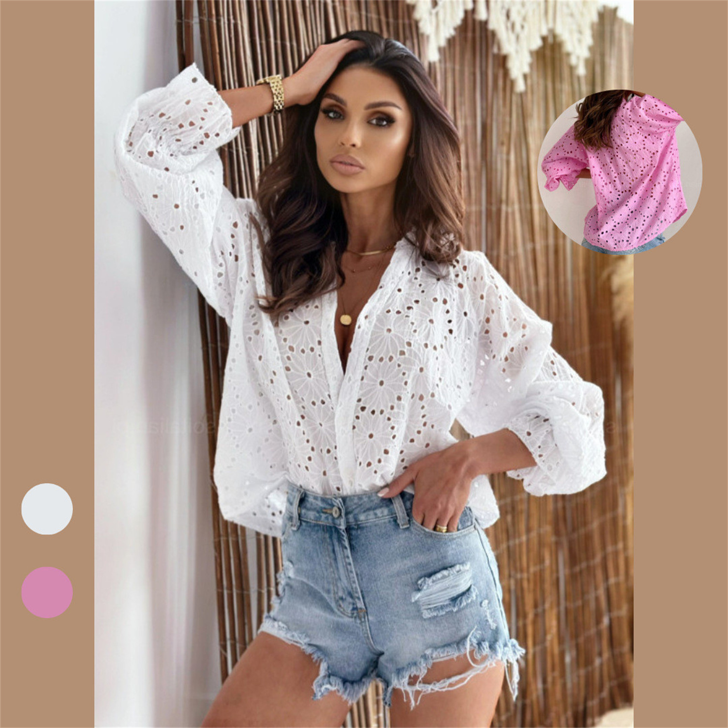 Chemise coton évidée manches longues femme