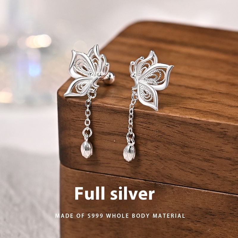 Boucles Oreilles Argent S999 Papillon Franges Femme