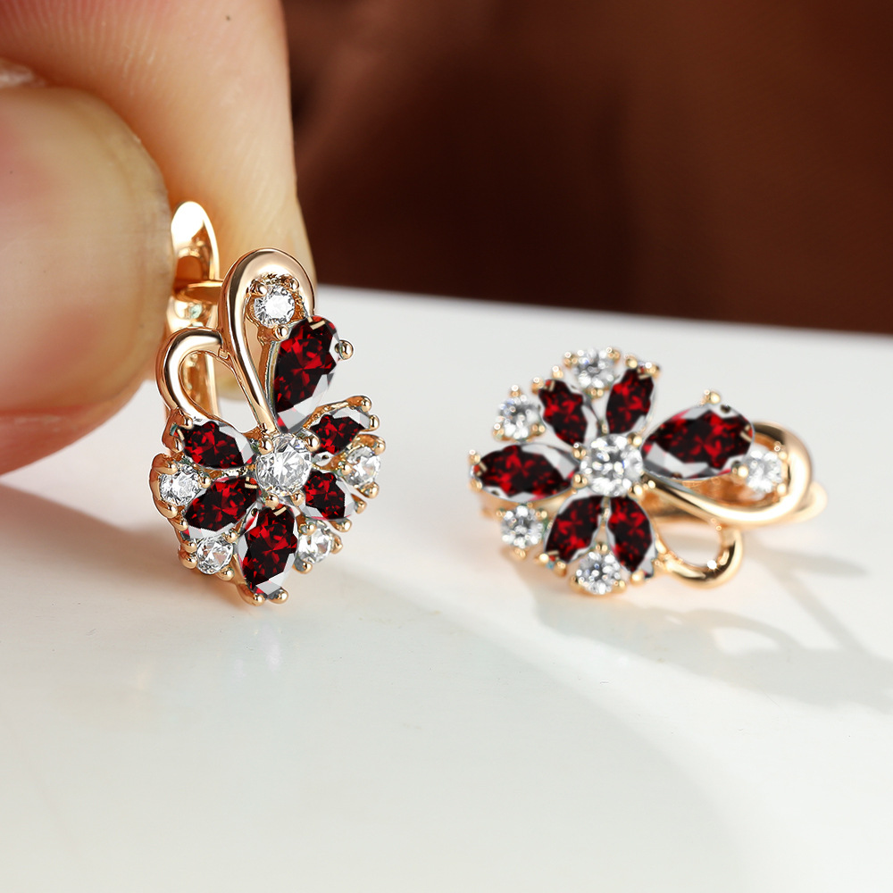 Boucles oreilles zircon goutte fleur colorée anneau rose