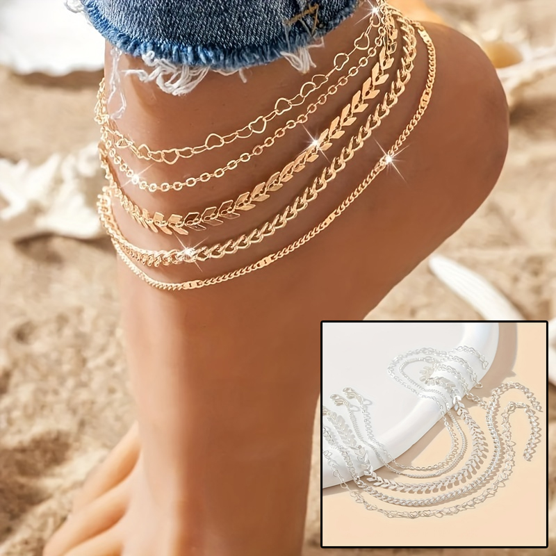 Chaîne cheville bohème 5 pièces cœur été plage