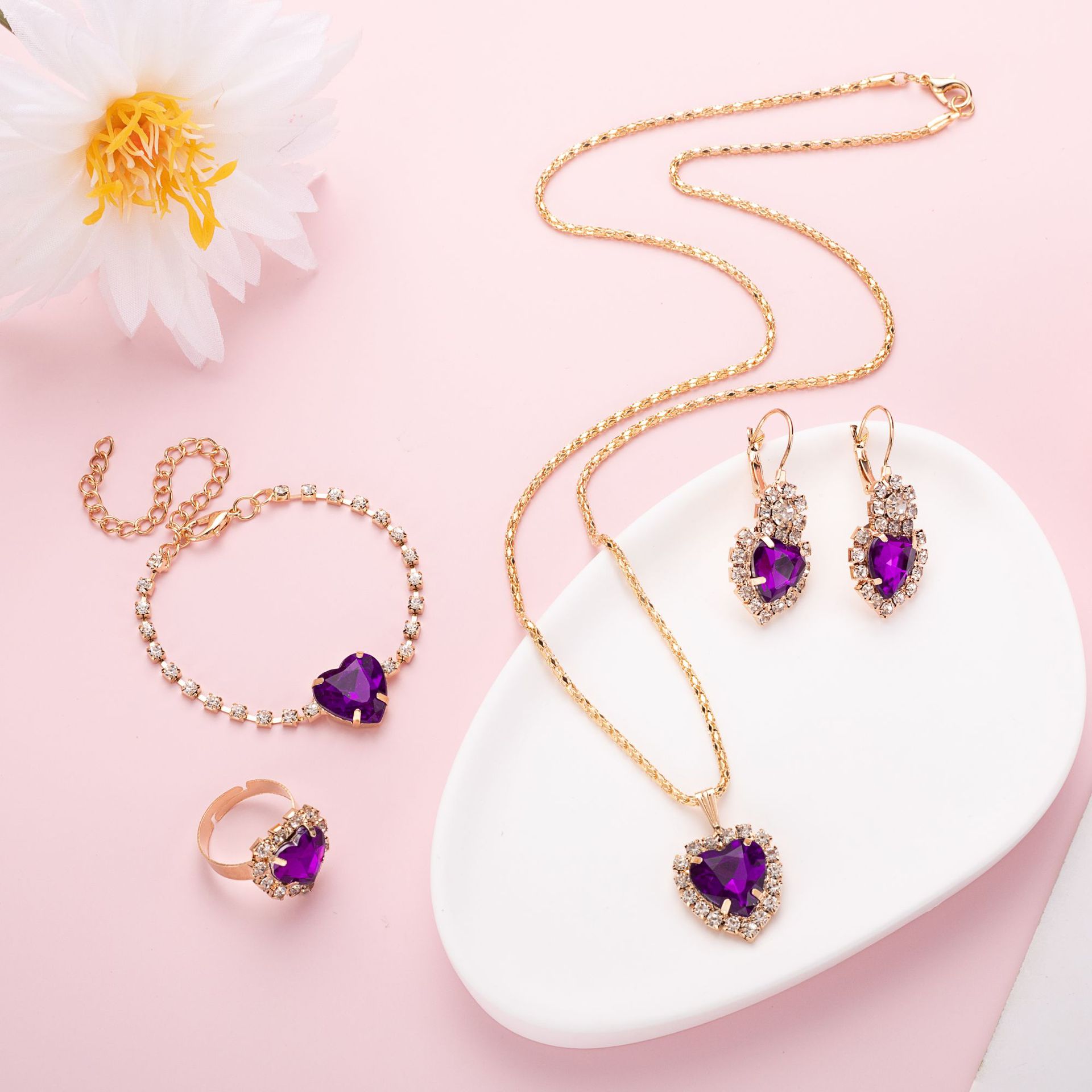 Ensemble 4 pcs strass cœur collier boucles bague bracelet