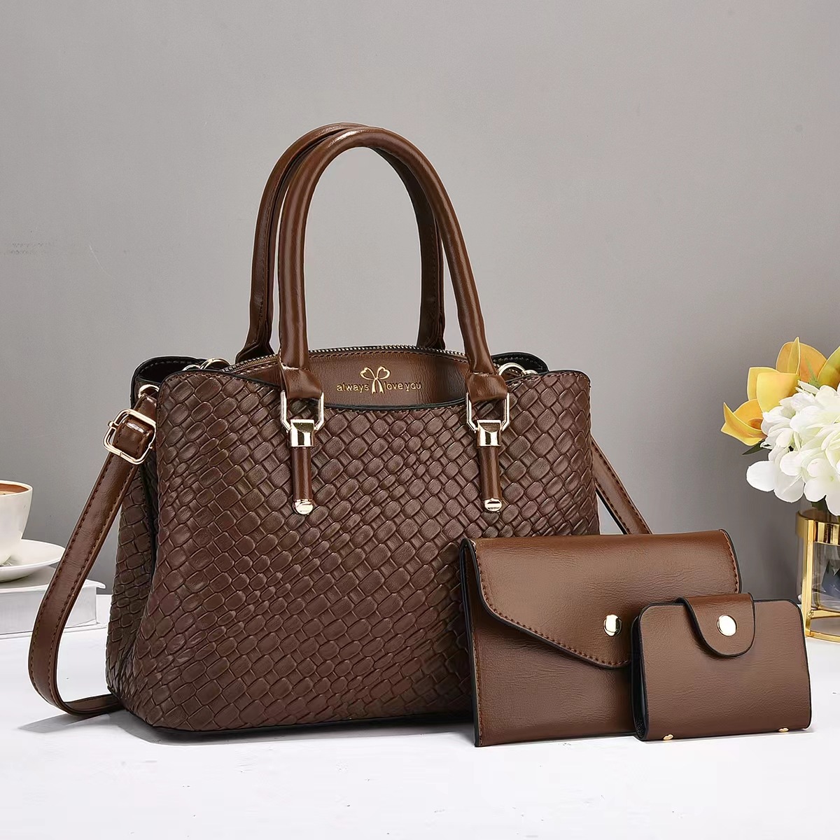 Ensemble 3 pièces texture tissée grande capacité sac bandoulière