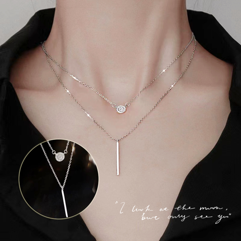 Collier pendentif zircon pavé chaîne double bâton S925 argent femme