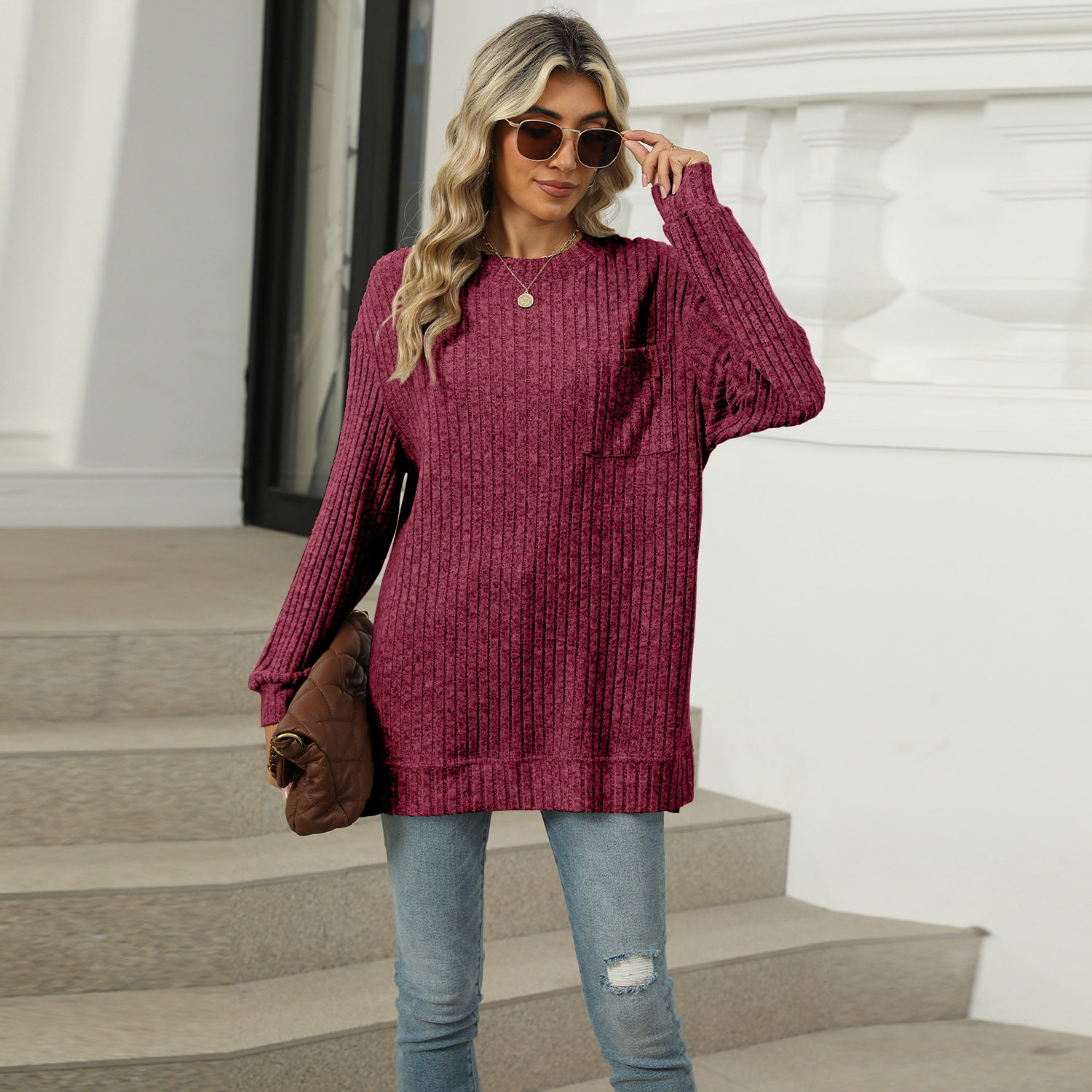 T-shirt femme ample fendu couleur unie