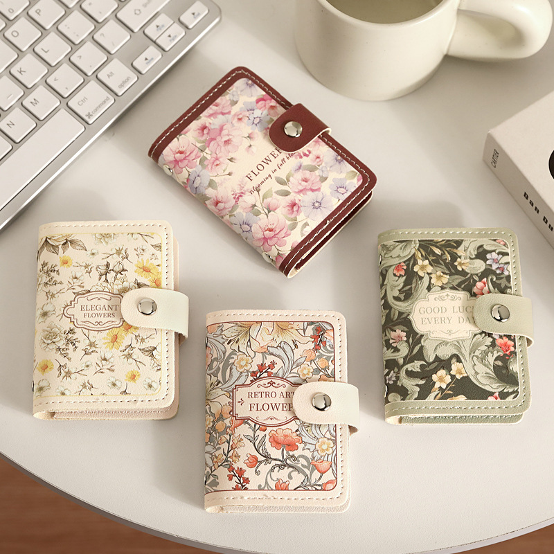 Porte-cartes femme peinture fleur rétro grande capacité