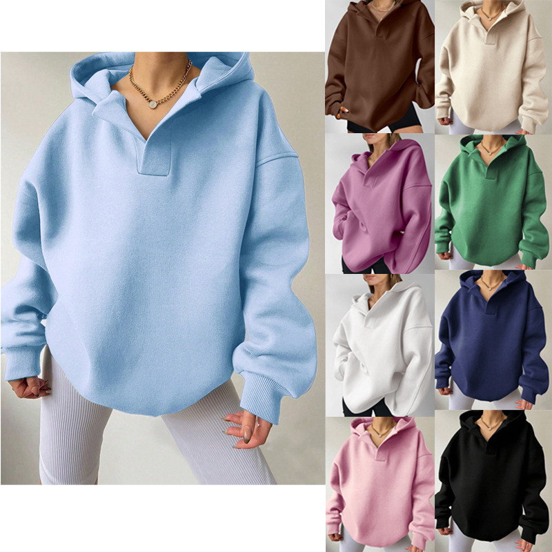 Sweat-shirt capuche couleur unie ample pour femmes