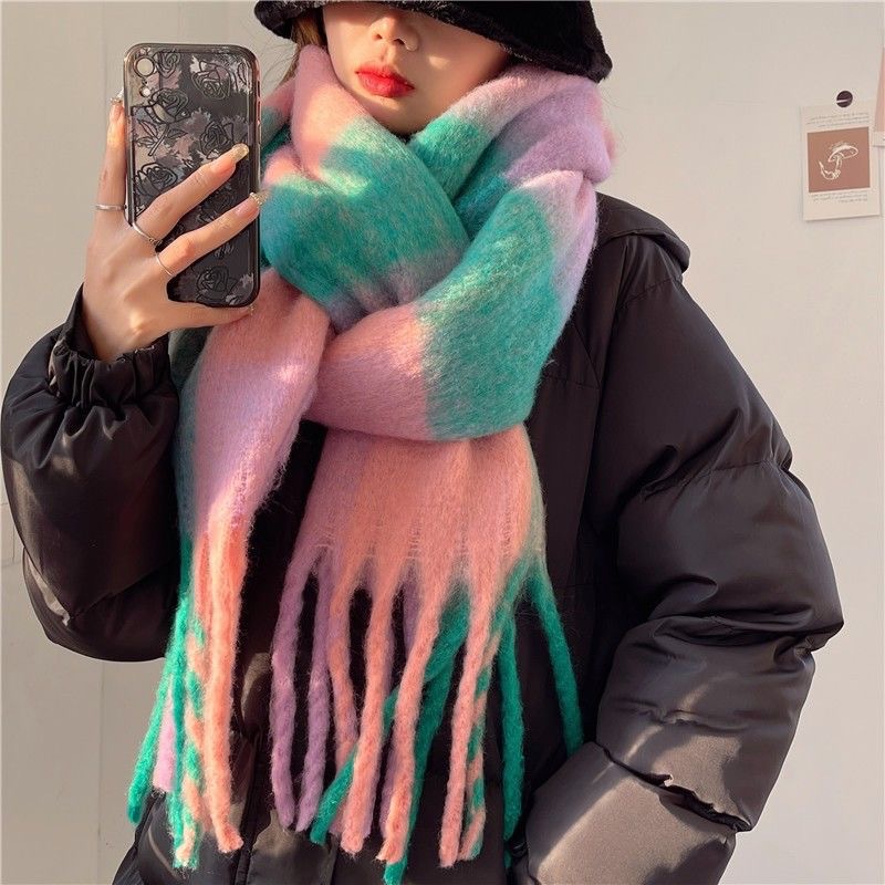 Foulard carreaux femme color-block arc-en-ciel tassel