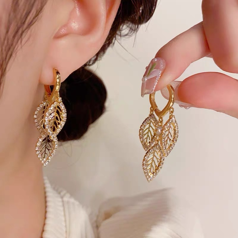 Boucles d'oreilles zircon feuille tassel élégantes