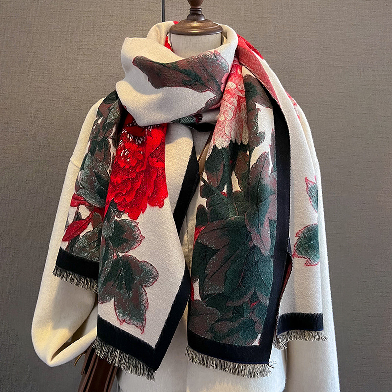 Châle épais chaud floral faux cachemire rétro femme