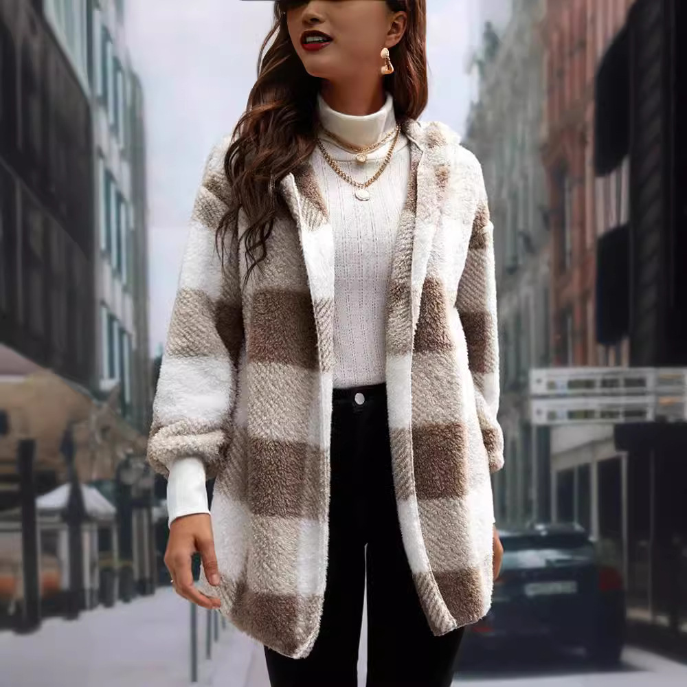 Cardigan tricot ample à carreaux couture couleur