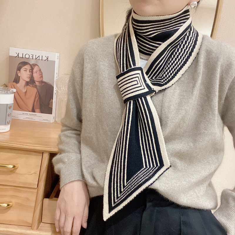 Foulard étroit pied-de-poule tricoté, protection cou