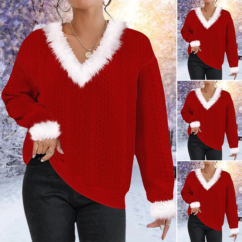 Chandail femme automne-hiver col V manches longues fourrure