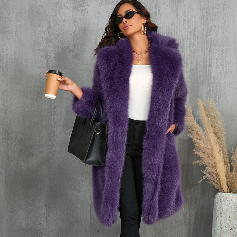 Manteau Fourrure Peluche Col Tailleur Mi-Long