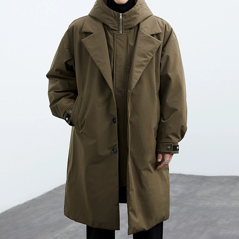 Manteau homme faux deux pièces capuche mi-long trench-coat
